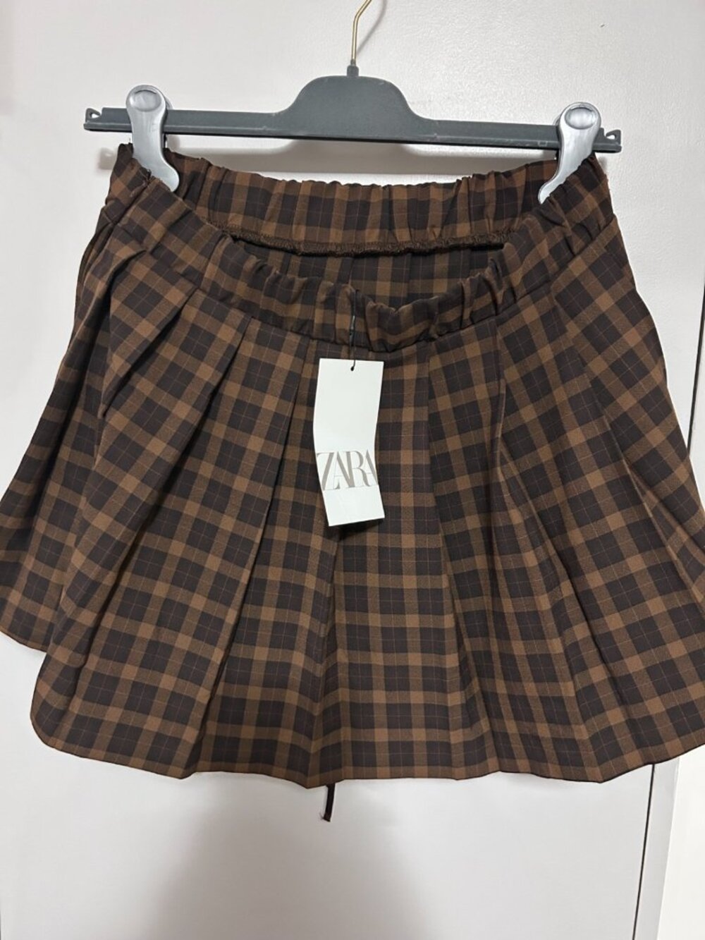 Zara Brown Black Check Plaid Pleated Mini Skirt Womens Size M New With Tags
